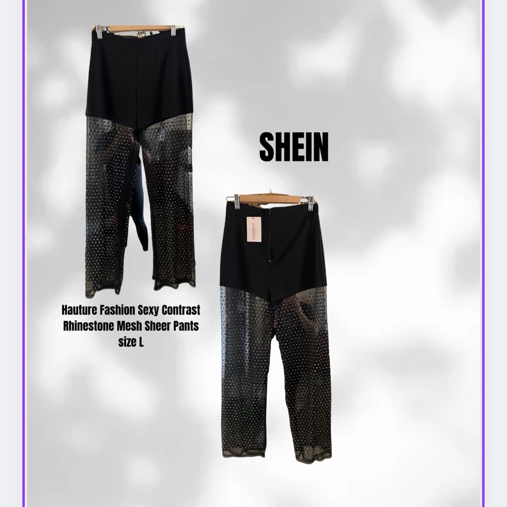 SHEIN Black Rhinestone Mesh Sheer Pants
